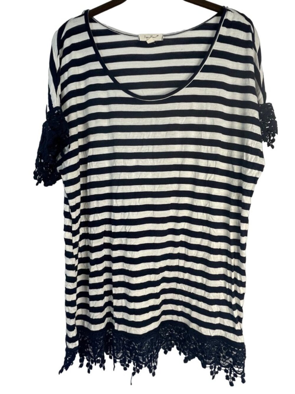 paper plane short sleeve shirt top blouse striped lace blue white size 2x READ